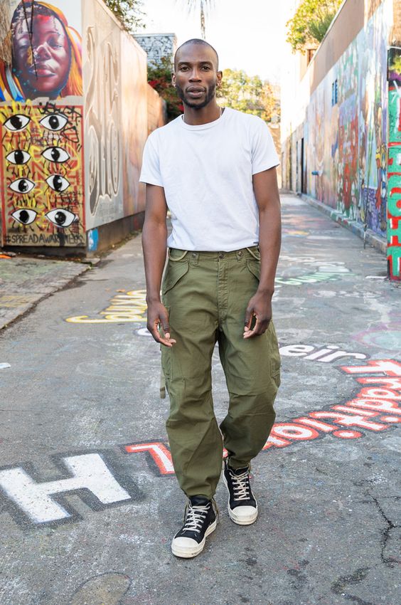 White tee with green cargo pants